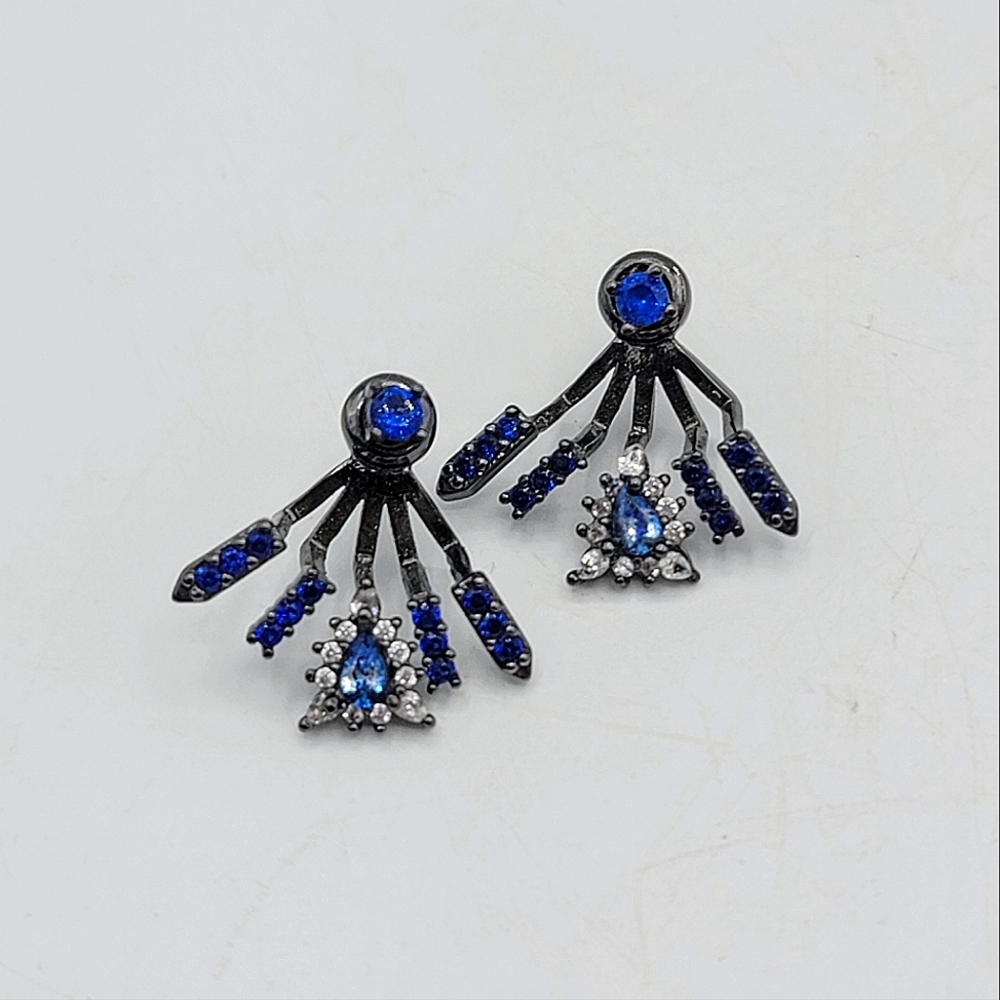 nOir Jewelry Windsor Earring Jackets & Studs Set - Blue Rhinestone Silver tone